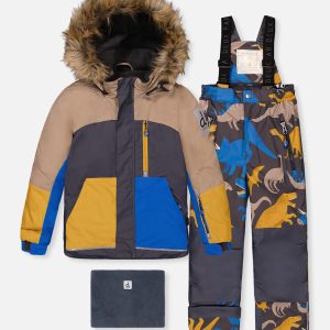 Two Piece Play Snowsuit Colorblock With Grey And Blue Dinosaur Print Pants - Image 16