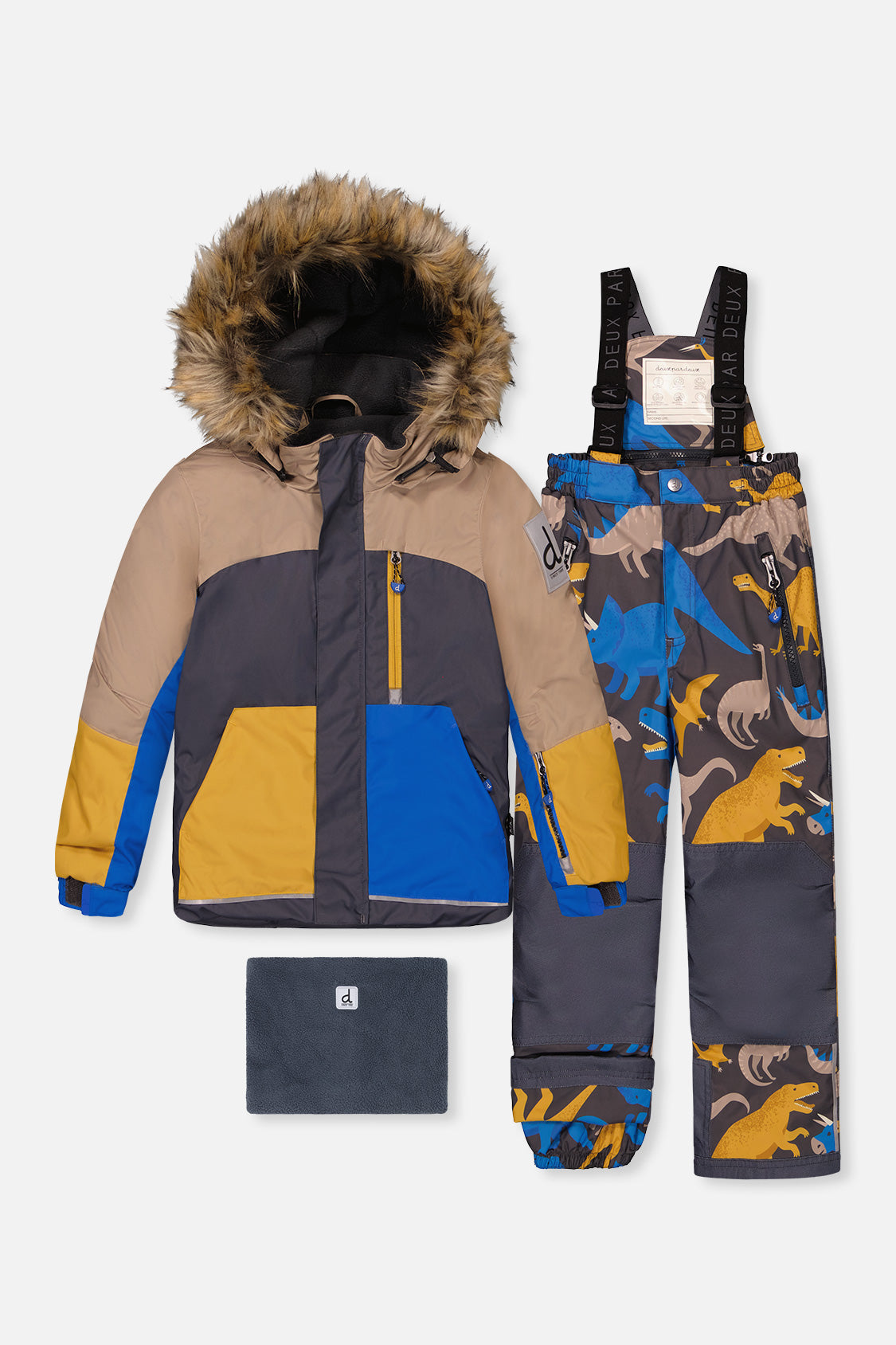Two Piece Play Snowsuit Colorblock With Grey And Blue Dinosaur Print Pants - Image 9