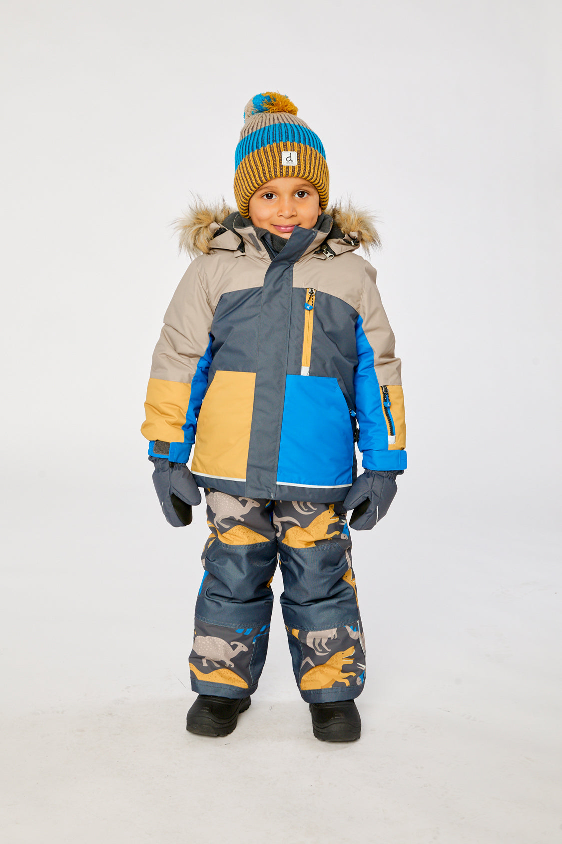 Two Piece Play Snowsuit Colorblock With Grey And Blue Dinosaur Print Pants - Image 2