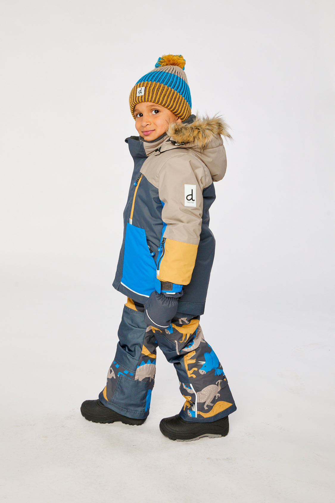 Two Piece Play Snowsuit Colorblock With Grey And Blue Dinosaur Print Pants - Image 3