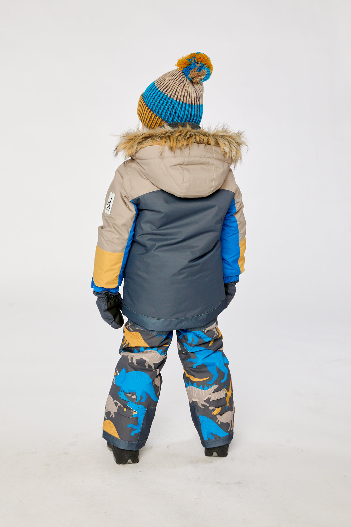 Two Piece Play Snowsuit Colorblock With Grey And Blue Dinosaur Print Pants - Image 4