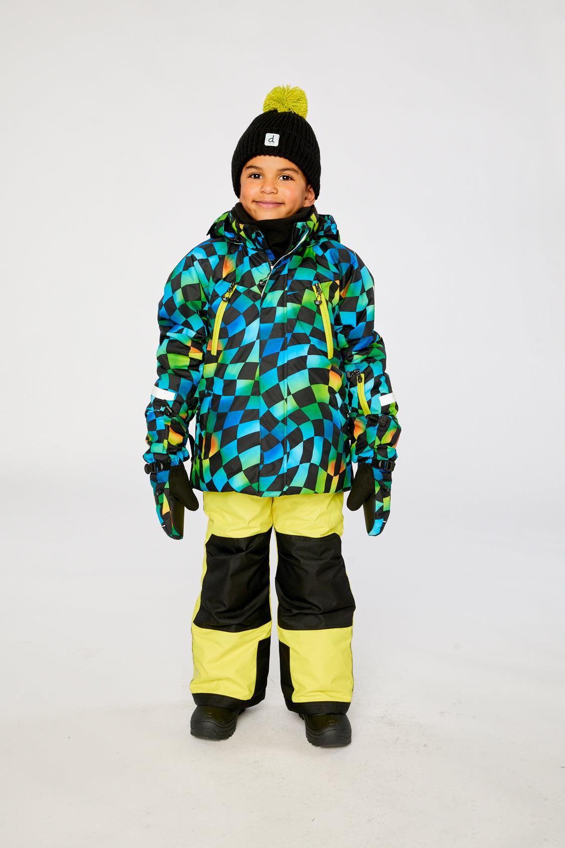 Two Piece Play Snowsuit Green Yellow And Blue Checkerboard With Yellow Pants - Image 2