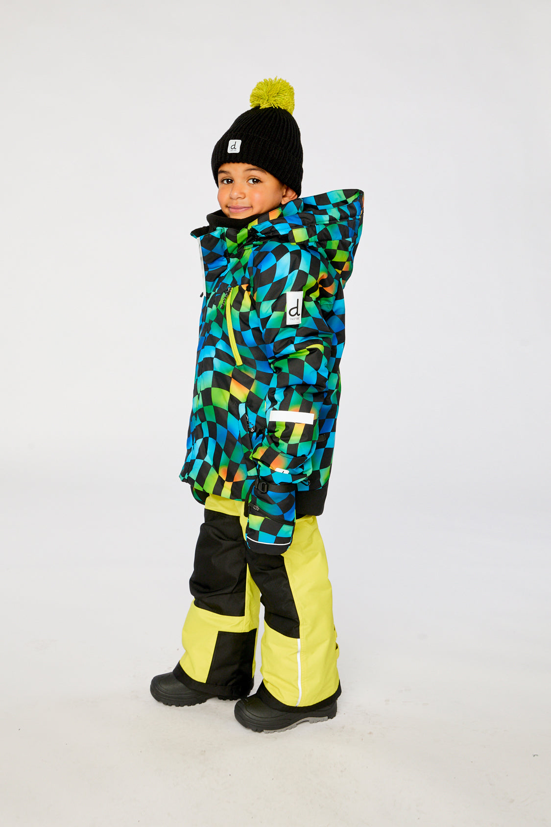 Two Piece Play Snowsuit Green Yellow And Blue Checkerboard With Yellow Pants - Image 3