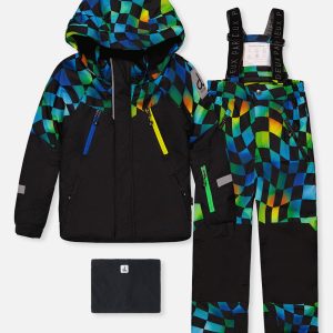 Two Piece Play Snowsuit Black Colorblock With Green Yellow And Blue Checkerboard Pants - Image 7