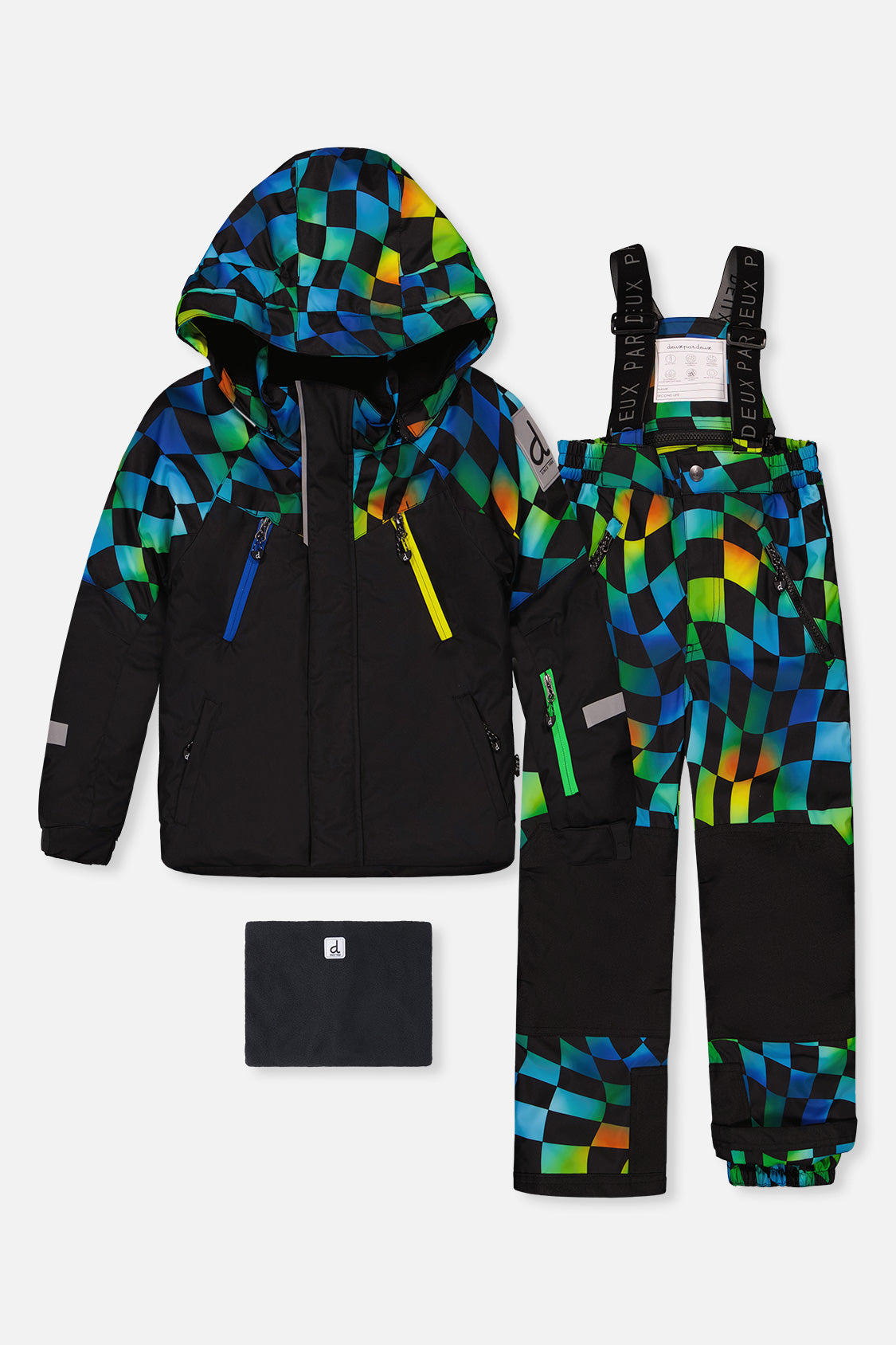 Two Piece Play Snowsuit Black Colorblock With Green Yellow And Blue Checkerboard Pants - Image 7
