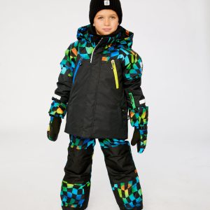 Two Piece Play Snowsuit Black Colorblock With Green Yellow And Blue Checkerboard Pants - Image 4