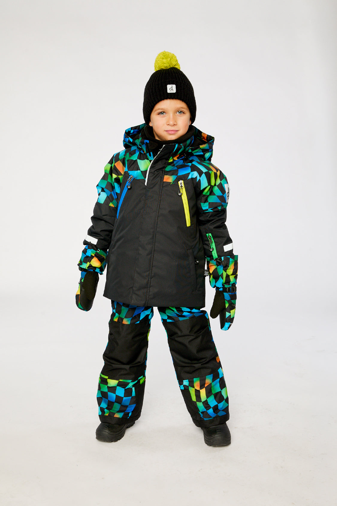 Two Piece Play Snowsuit Black Colorblock With Green Yellow And Blue Checkerboard Pants - Image 4