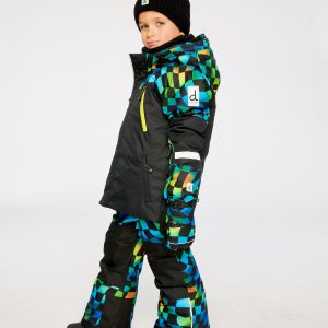 Two Piece Play Snowsuit Black Colorblock With Green Yellow And Blue Checkerboard Pants - Image 5