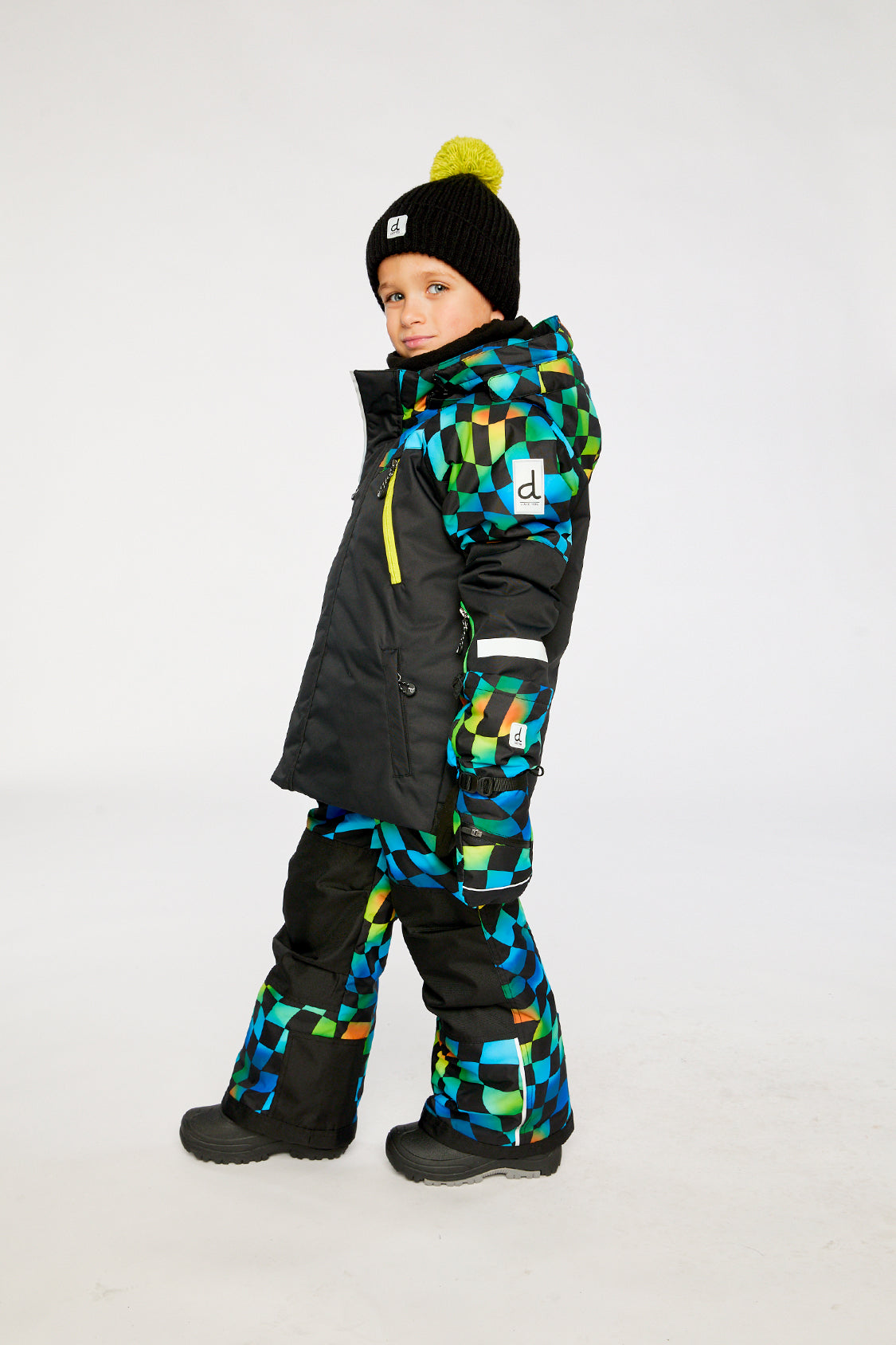 Two Piece Play Snowsuit Black Colorblock With Green Yellow And Blue Checkerboard Pants - Image 5