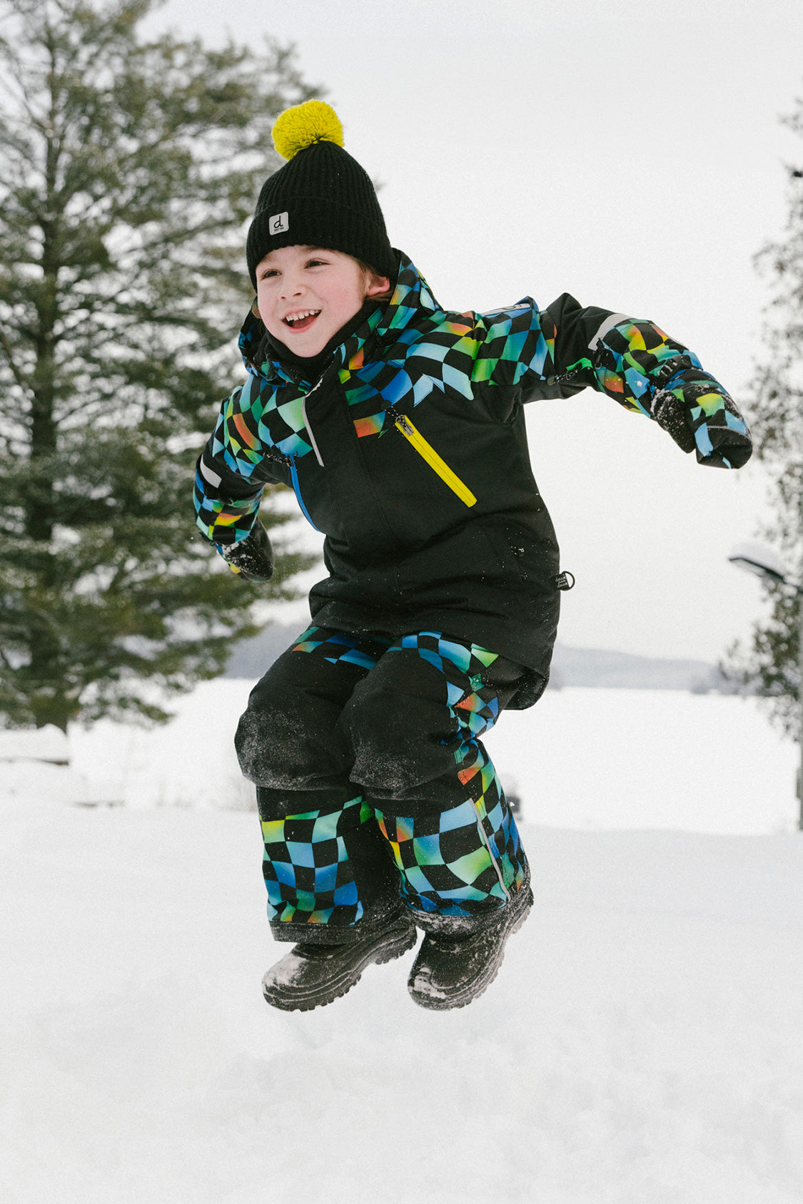 Two Piece Play Snowsuit Black Colorblock With Green Yellow And Blue Checkerboard Pants - Image 2