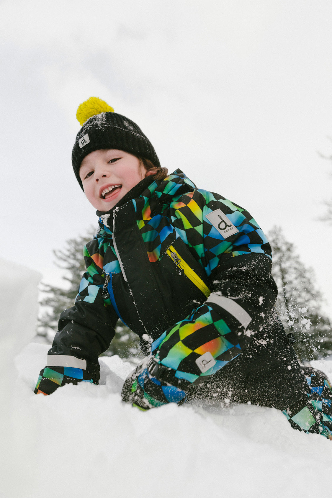 Two Piece Play Snowsuit Black Colorblock With Green Yellow And Blue Checkerboard Pants - Image 3