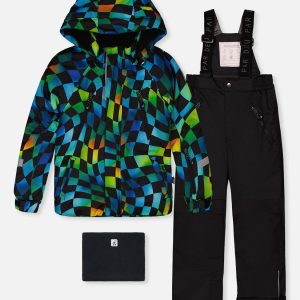 Two Piece Play Snowsuit Green Yellow And Blue Checkerboard With Black Pants