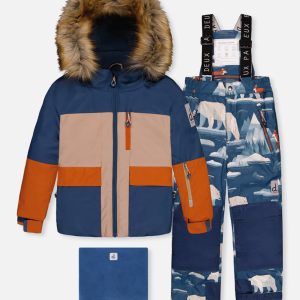 Two Piece Play Snowsuit Navy And Rust Colorblock With Blue Bear Print Pants - Image 10