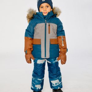 Two Piece Play Snowsuit Navy And Rust Colorblock With Blue Bear Print Pants - Image 4