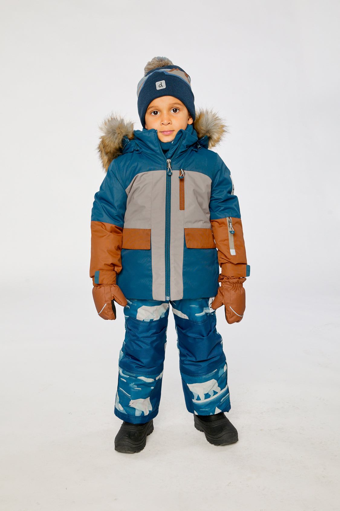 Two Piece Play Snowsuit Navy And Rust Colorblock With Blue Bear Print Pants - Image 4