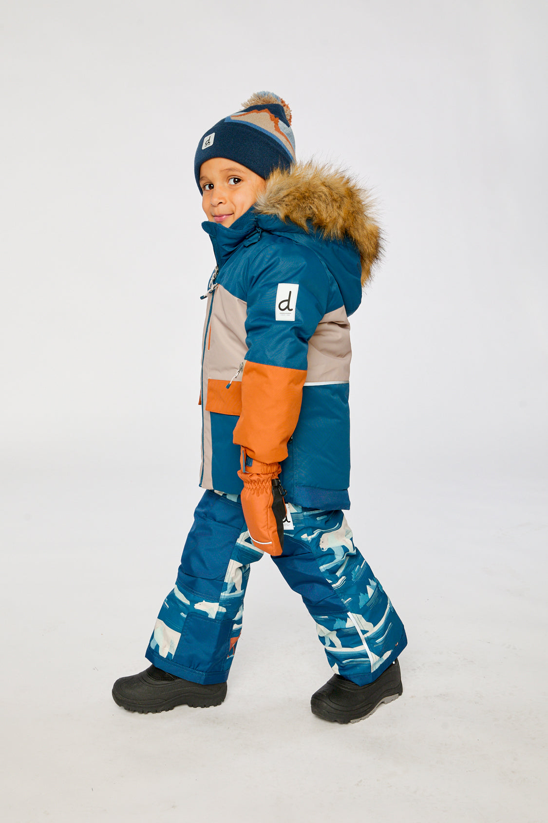 Two Piece Play Snowsuit Navy And Rust Colorblock With Blue Bear Print Pants - Image 5