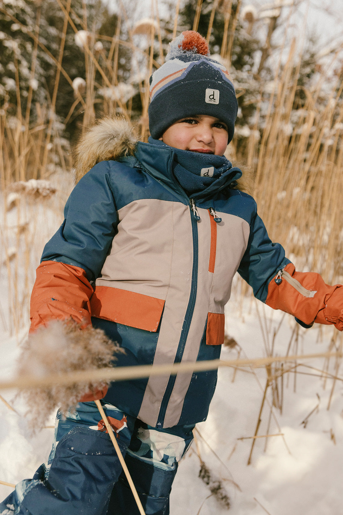 Two Piece Play Snowsuit Navy And Rust Colorblock With Blue Bear Print Pants - Image 2
