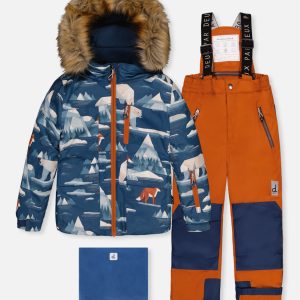 Two Piece Play Snowsuit Blue Bear Print With Rust Pants - Image 6
