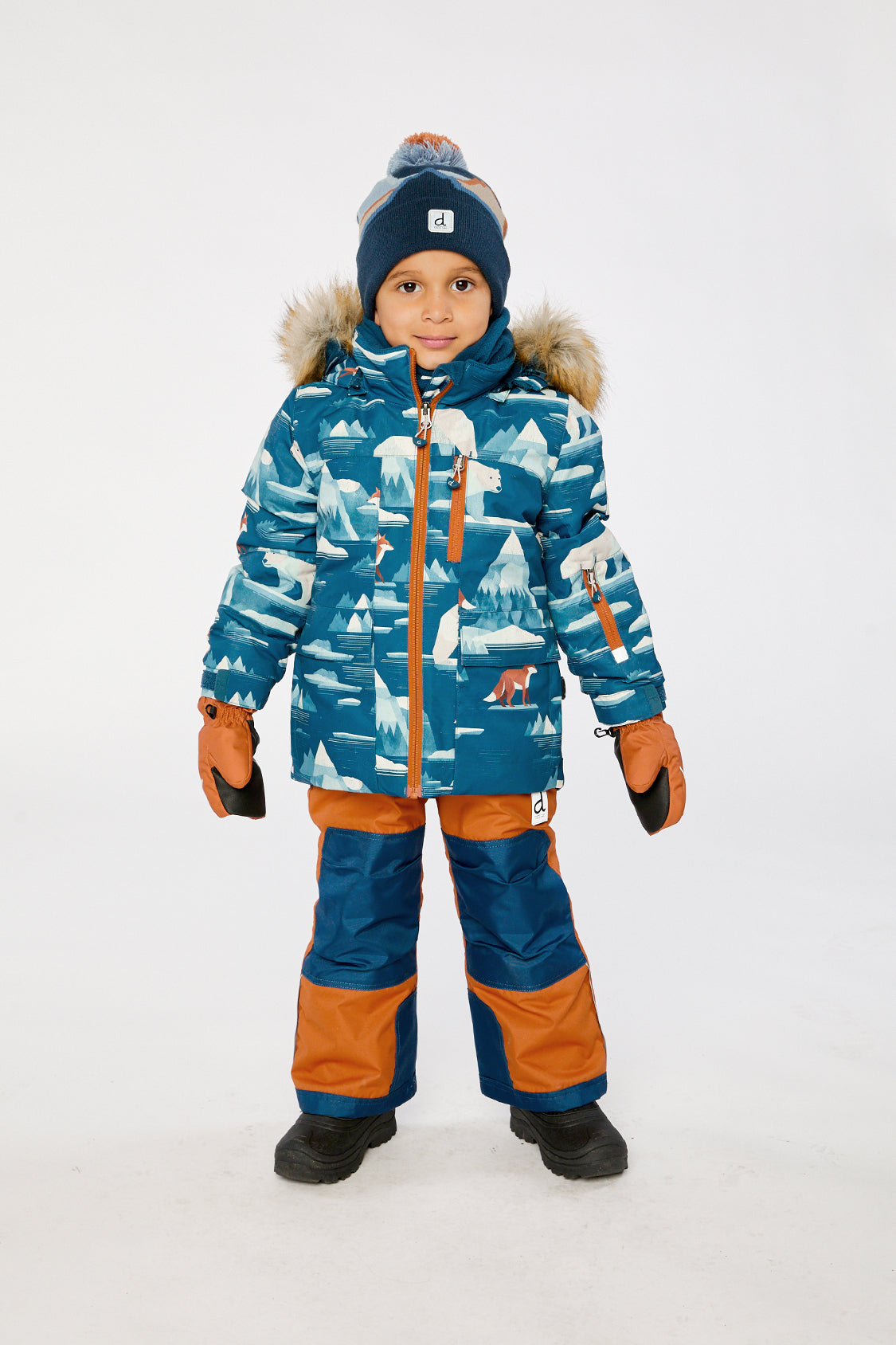 Two Piece Play Snowsuit Blue Bear Print With Rust Pants - Image 2