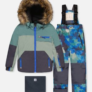 Two Piece Play Snowsuit Green And Navy Colorblock With Blue Camouflage Pants - Image 8