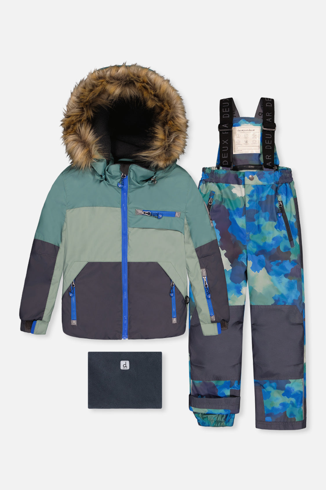 Two Piece Play Snowsuit Green And Navy Colorblock With Blue Camouflage Pants