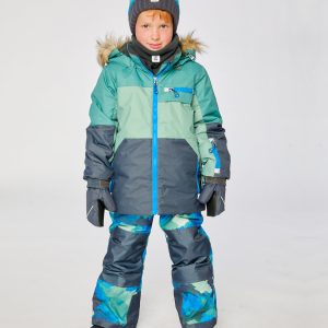Two Piece Play Snowsuit Green And Navy Colorblock With Blue Camouflage Pants - Image 4