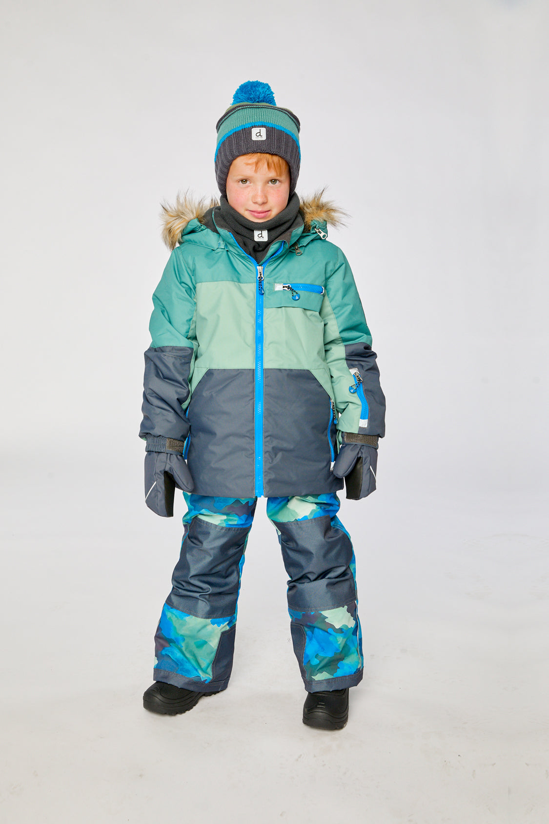 Two Piece Play Snowsuit Green And Navy Colorblock With Blue Camouflage Pants - Image 4