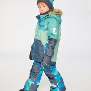 Two Piece Play Snowsuit Green And Navy Colorblock With Blue Camouflage Pants - Image 5