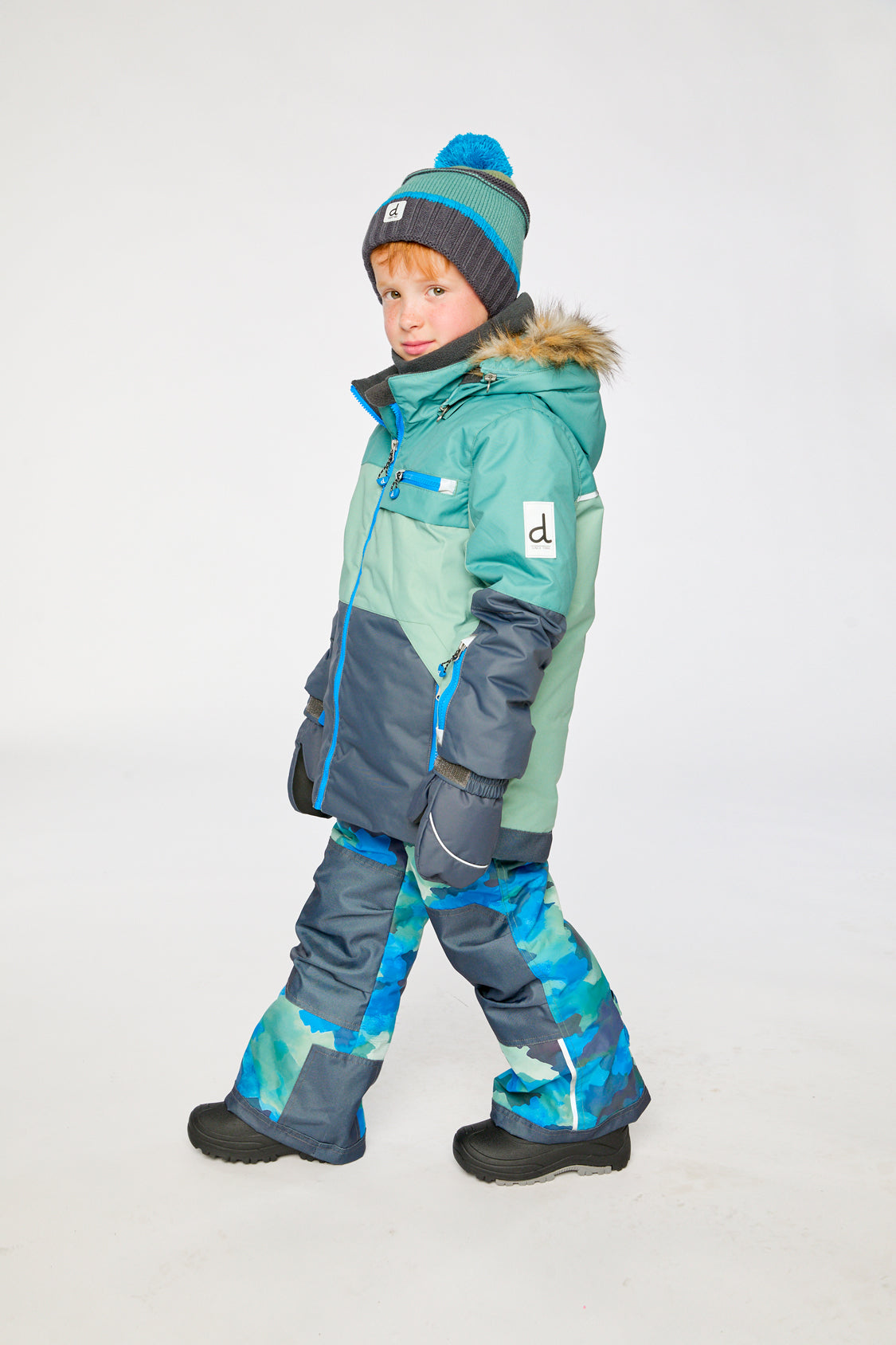 Two Piece Play Snowsuit Green And Navy Colorblock With Blue Camouflage Pants - Image 5