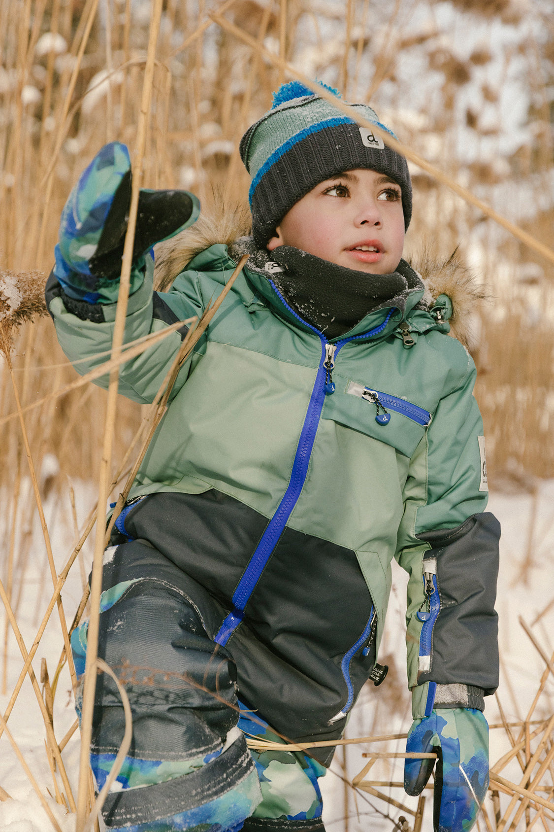 Two Piece Play Snowsuit Green And Navy Colorblock With Blue Camouflage Pants - Image 2