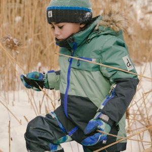 Two Piece Play Snowsuit Green And Navy Colorblock With Blue Camouflage Pants - Image 3