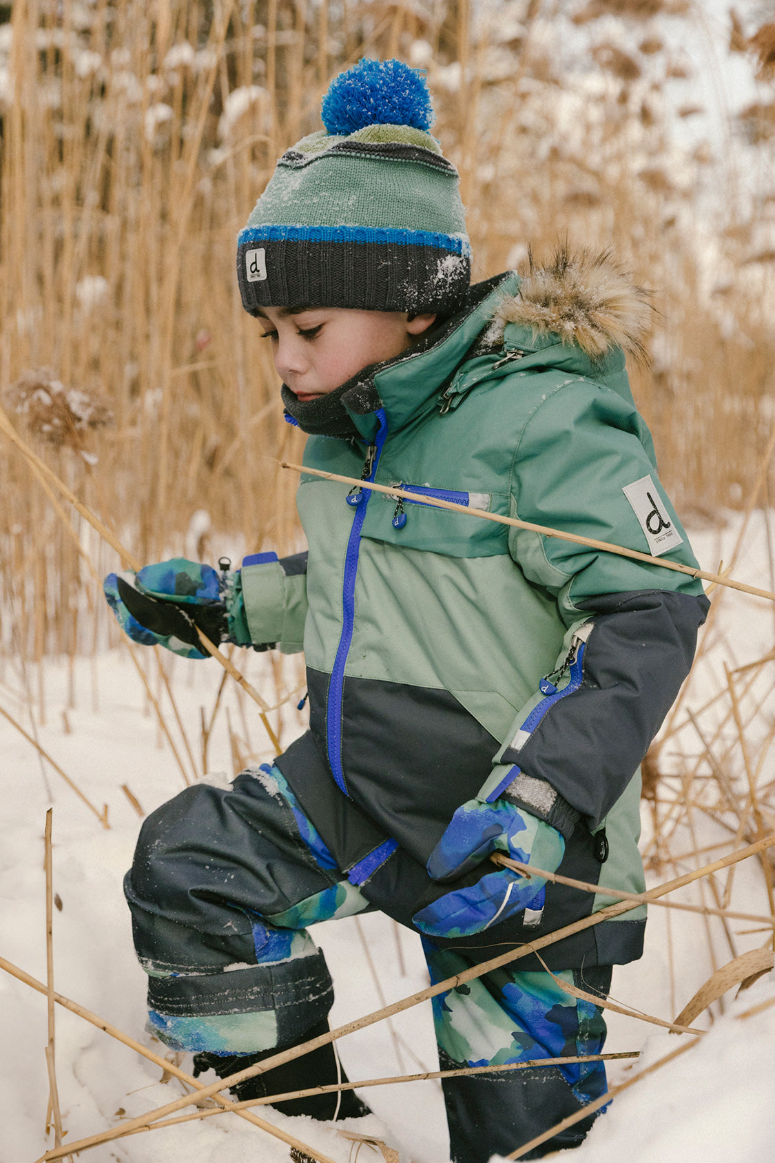 Two Piece Play Snowsuit Green And Navy Colorblock With Blue Camouflage Pants - Image 3