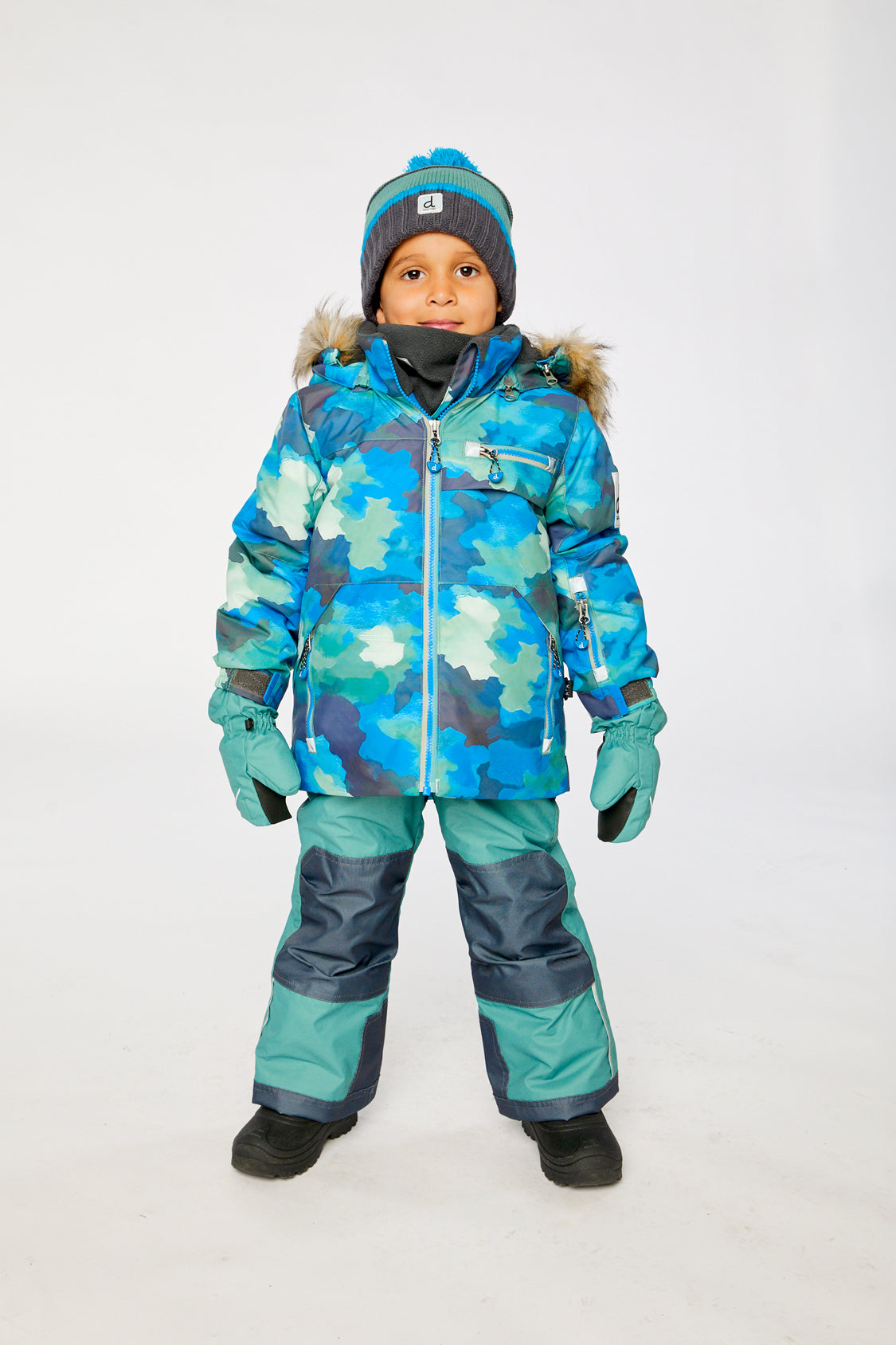 Two Piece Play Snowsuit Blue Camouflage Print With Green Pants - Image 2