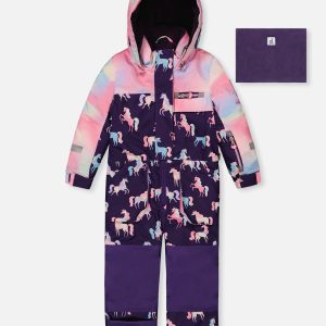 Kids One Piece Play Snowsuit Purple Unicorn Print - Image 9