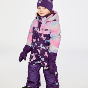 Kids One Piece Play Snowsuit Purple Unicorn Print - Image 4