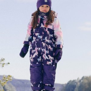 Kids One Piece Play Snowsuit Purple Unicorn Print - Image 2