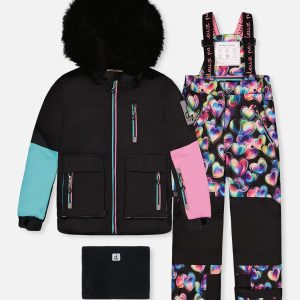 Two Piece Play Snowsuit Black, Blue And Pink Colorblock With Heart Print Pants