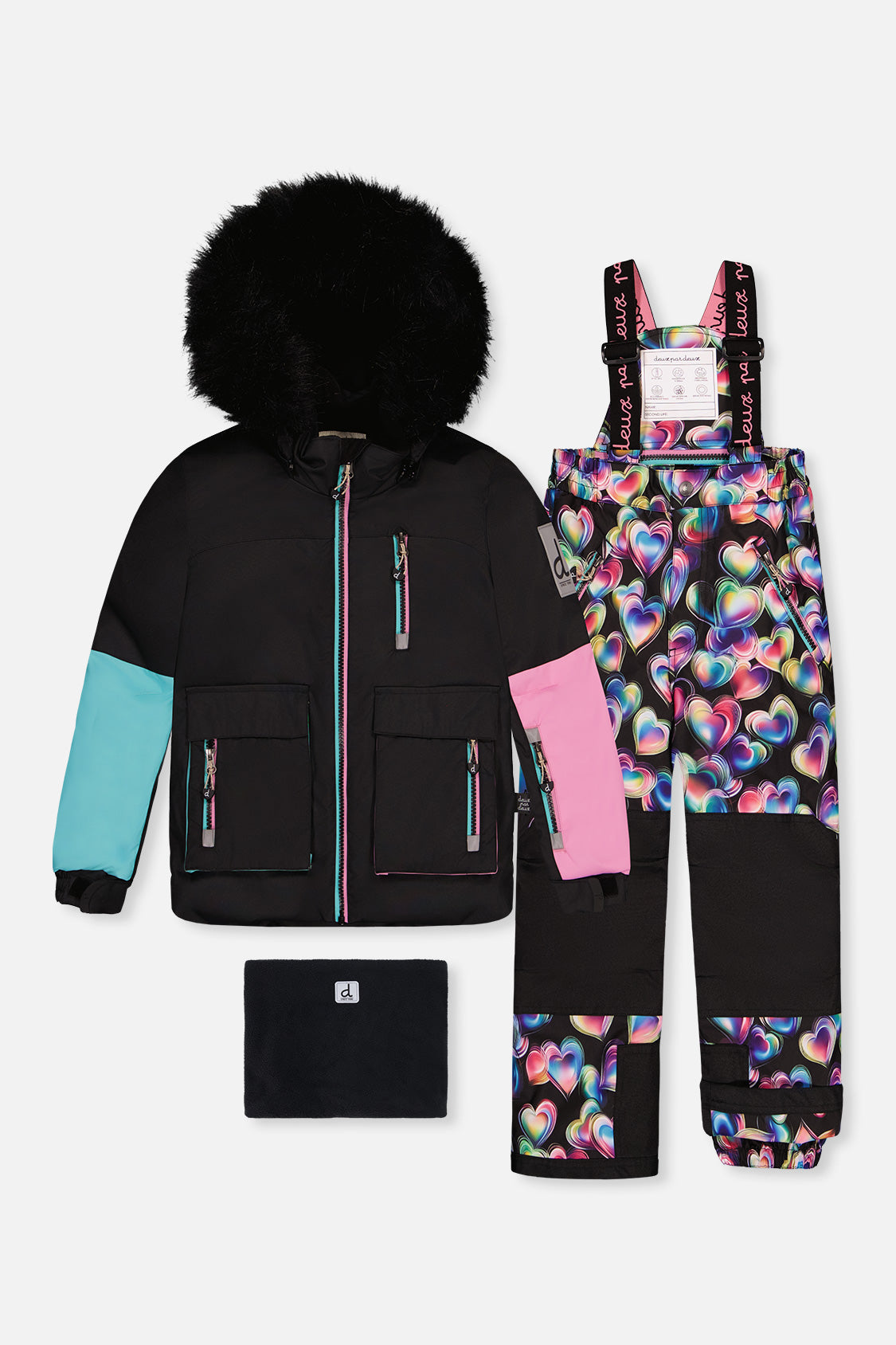 Two Piece Play Snowsuit Black, Blue And Pink Colorblock With Heart Print Pants - Image 10