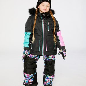 Two Piece Play Snowsuit Black, Blue And Pink Colorblock With Heart Print Pants - Image 4