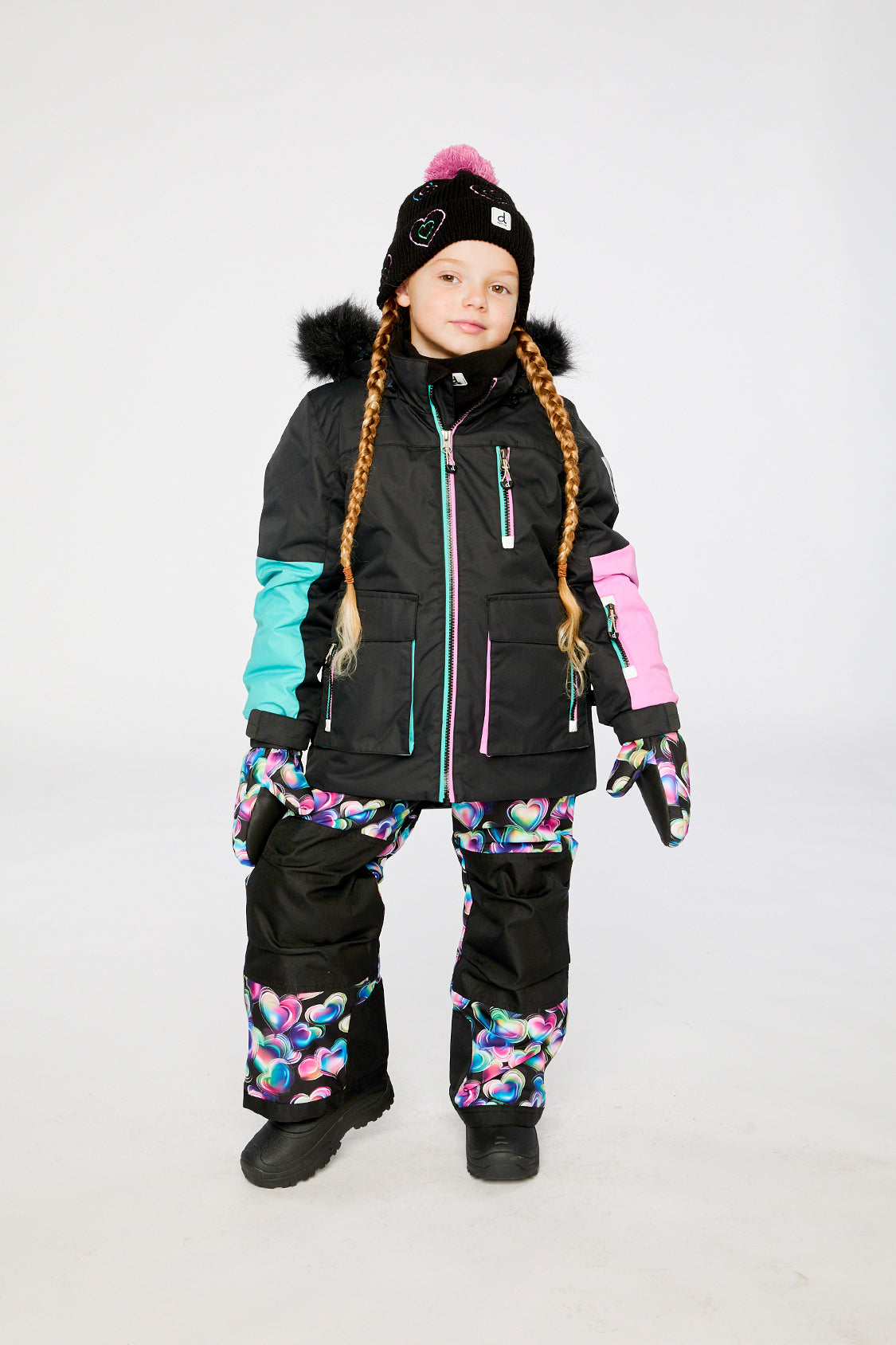 Two Piece Play Snowsuit Black, Blue And Pink Colorblock With Heart Print Pants - Image 4