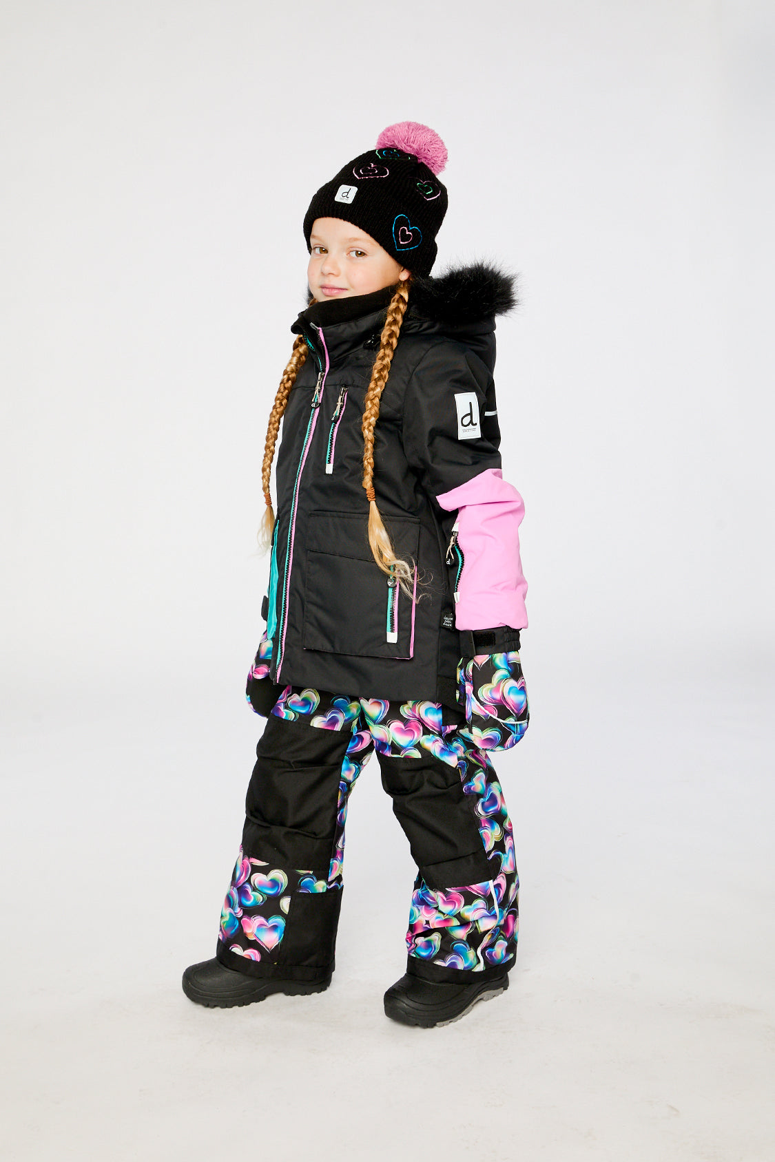 Two Piece Play Snowsuit Black, Blue And Pink Colorblock With Heart Print Pants - Image 5