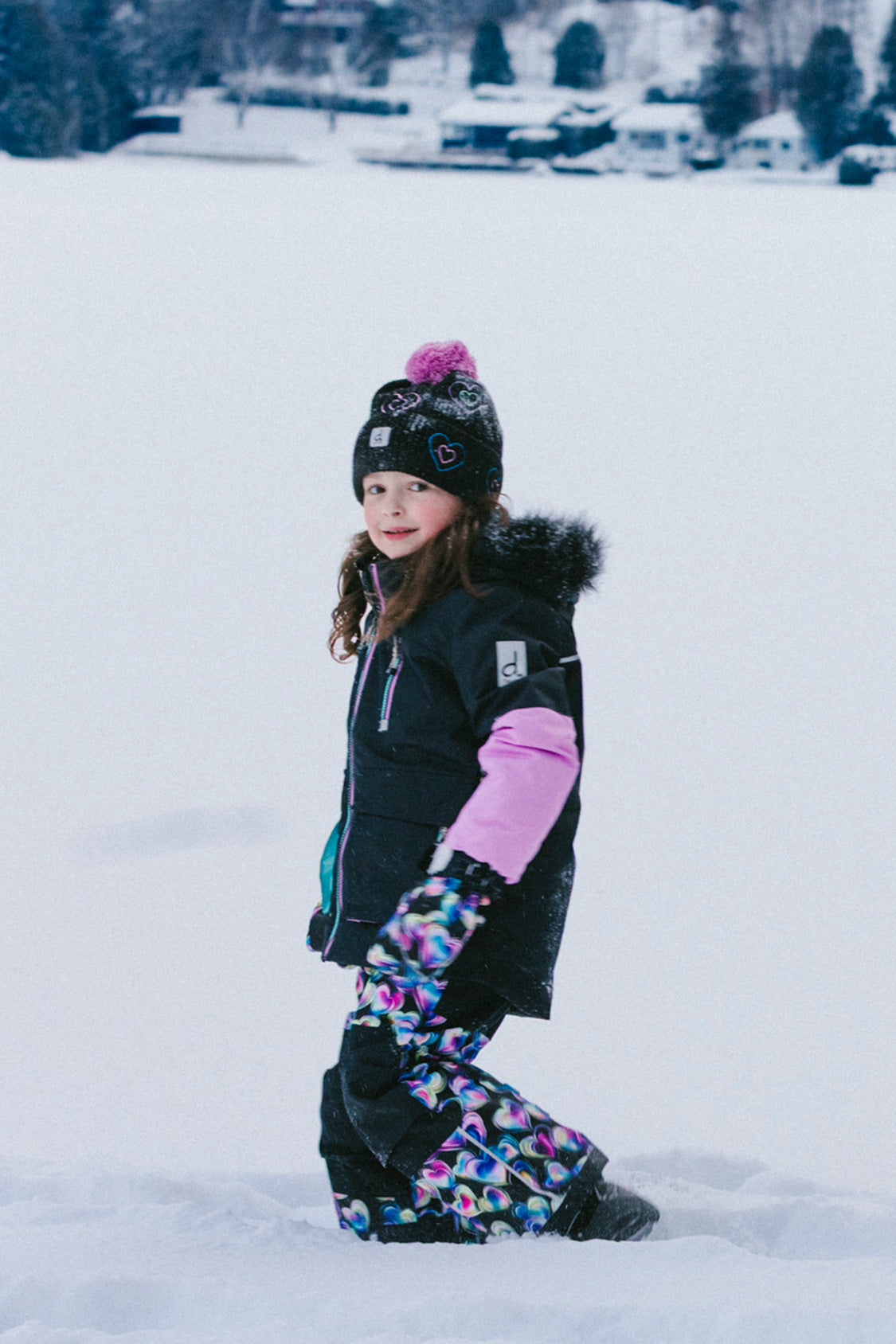 Two Piece Play Snowsuit Black, Blue And Pink Colorblock With Heart Print Pants - Image 2