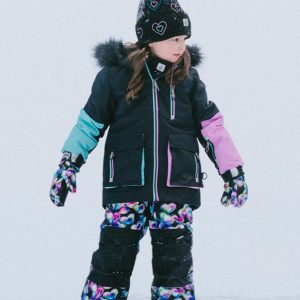 Two Piece Play Snowsuit Black, Blue And Pink Colorblock With Heart Print Pants - Image 3