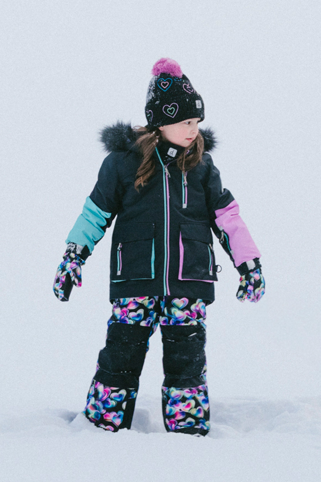 Two Piece Play Snowsuit Black, Blue And Pink Colorblock With Heart Print Pants - Image 3