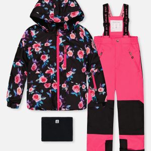 Two Piece Play Snowsuit Black Rose Print With Pink Pants