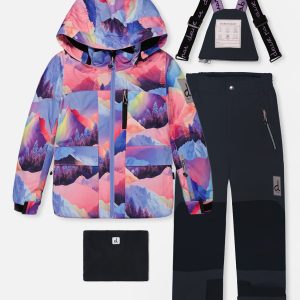 Two Piece Play Snowsuit Pink Mountain Print With Black Pants