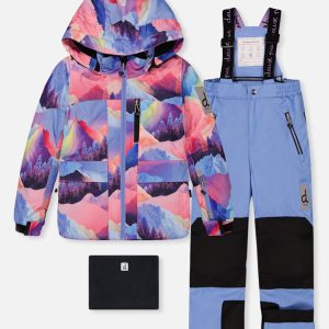 Two Piece Play Snowsuit Pink Mountain Print With Blue Pants