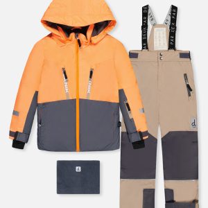 Two Piece Teknik Snowsuit Bright Orange Grey And Taupe