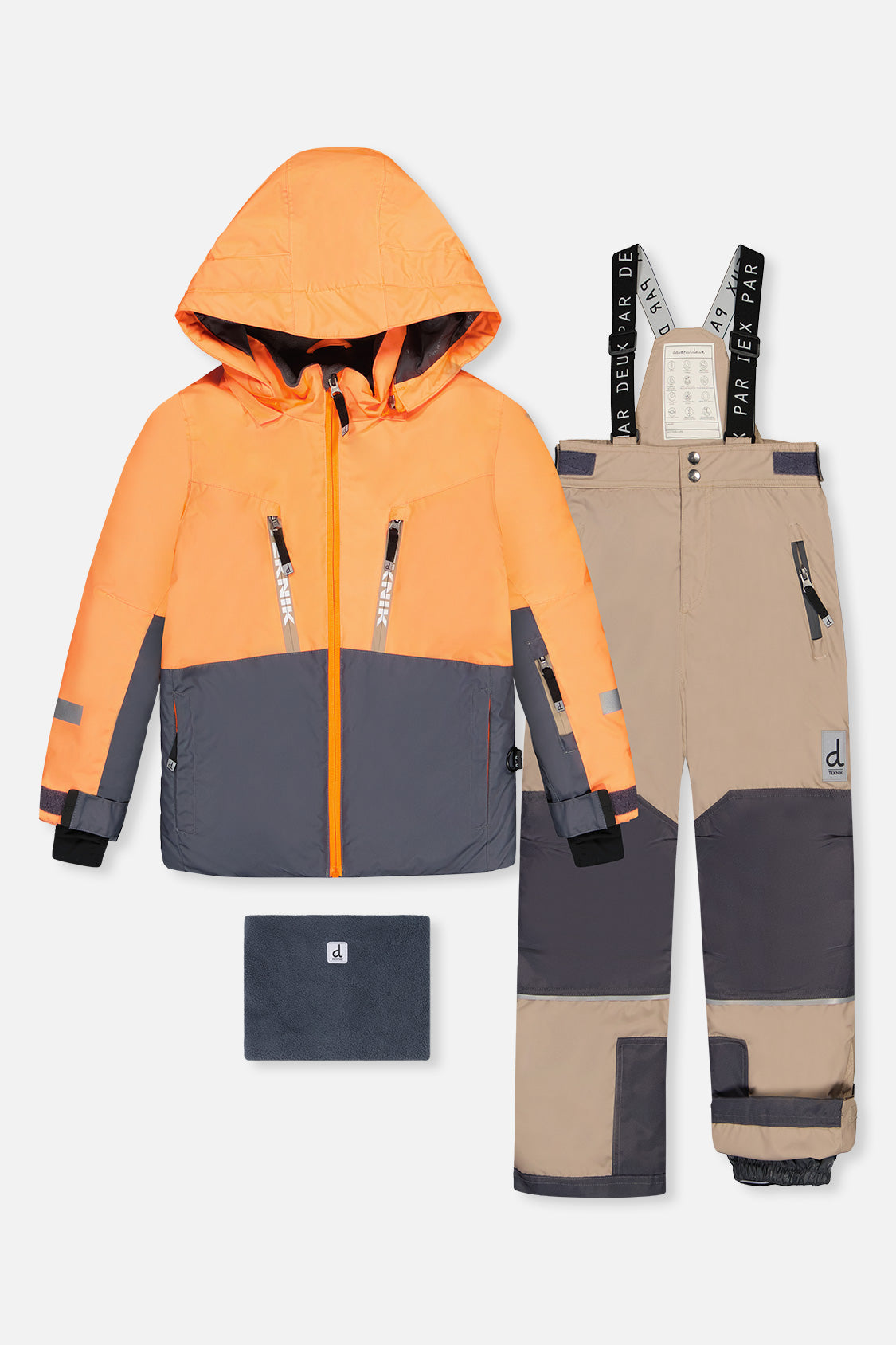 Two Piece Teknik Snowsuit Bright Orange Grey And Taupe - Image 12