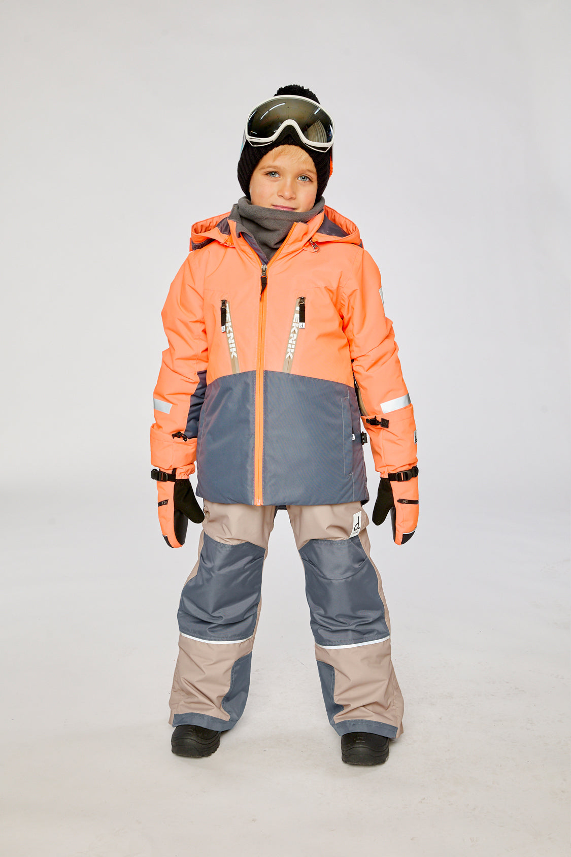 Two Piece Teknik Snowsuit Bright Orange Grey And Taupe - Image 2